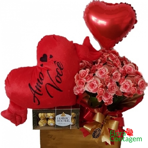 Cesta Begônias, Pelúcia, Balão e Chocolates Ferrero Rocher
