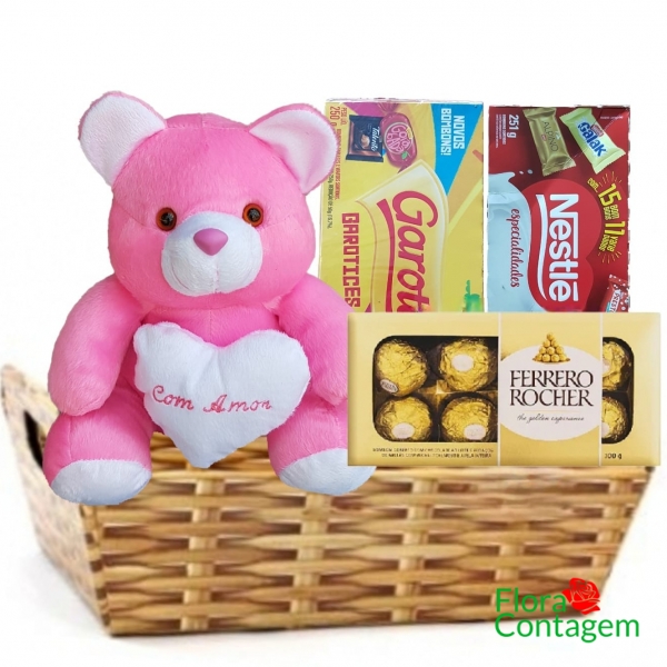 Cesta de Chocolates Pelúcia Rosa