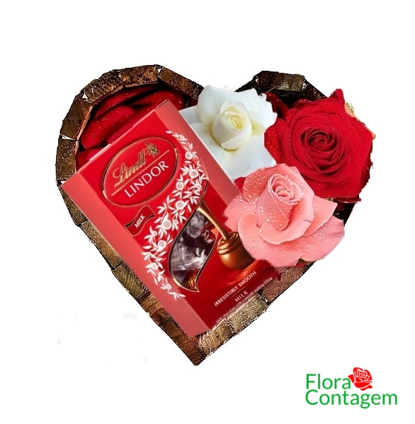 Coração Rosas Coloridas e Chocolates Suiço Lindt