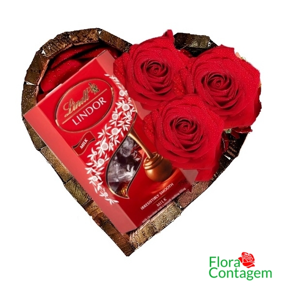 Coração Rosas  Vermelhas e Chocolates Suiço Lindt