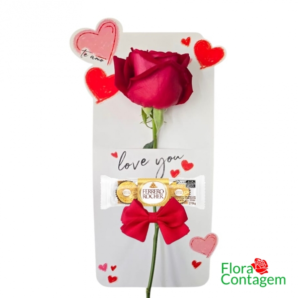 Rosa Carta Vermelha e Chocolates Ferrero Rocher