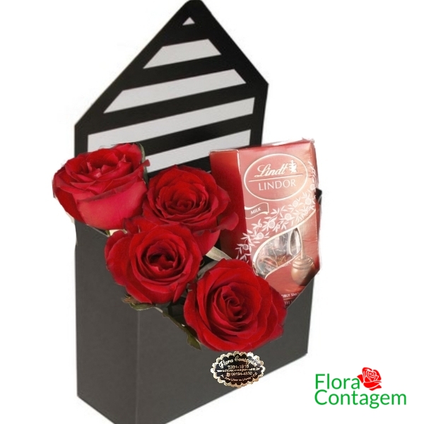 Rosas no Envelope e Chocolates Suiços Lindt